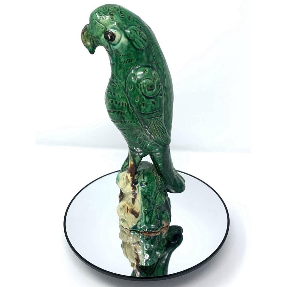 Antique 19th Century Chinese Glazed Pottery Dynasty Green Parrot 9.25" Sancai - Picture 4 of 10